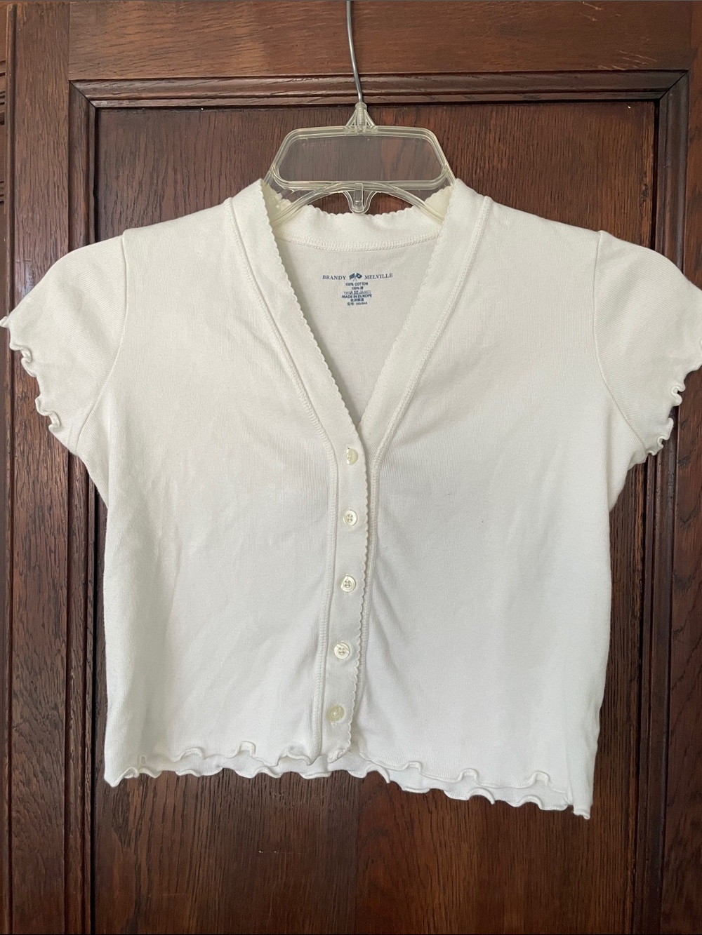 Brandy Melville White COTTON Button Up T Shirt Top V neck Cropped Ruffle detail